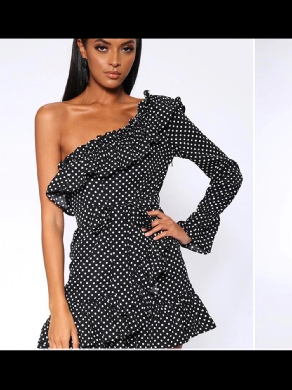 Nasty Gal Size 6 Black & White Polka Dot One-Shoulder Ruffle Mini Dress NWT